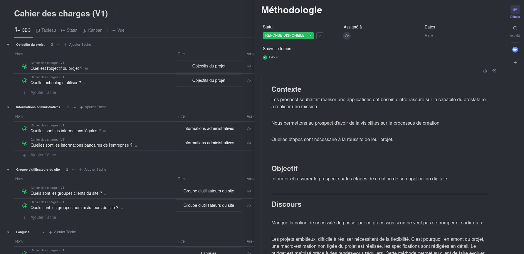 Capture d'écran de l'élaboration de la page méthodologie de l'application web Reactic.